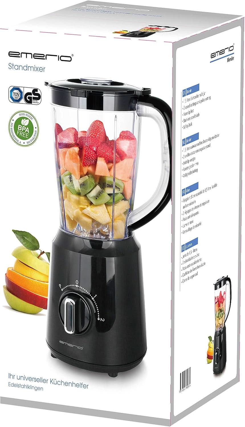 Emerio Standmixer BPA Frei Crush Ice-functie 1,5L Behälter 2 Geschwindigkeiten + Pulse-functie Messereinheit Aus Edelstahl Sicherheitsschalter Geschirrspülgeeignet 500 Watt BL-12816.8 Zwart Bucatarie Naty Shop