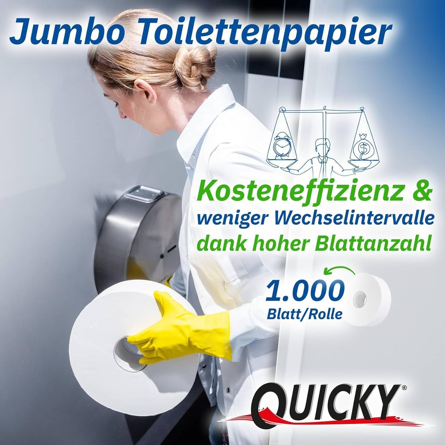 Quicky Jumbo 2-laags toiletpapier, 25 cm Ø, helderwit, reliëf met fijne stippen, 6 rollen - absorberend en scheurbestendig voor maximale hygiëne, ideaal voor openbare instellingen en industrie