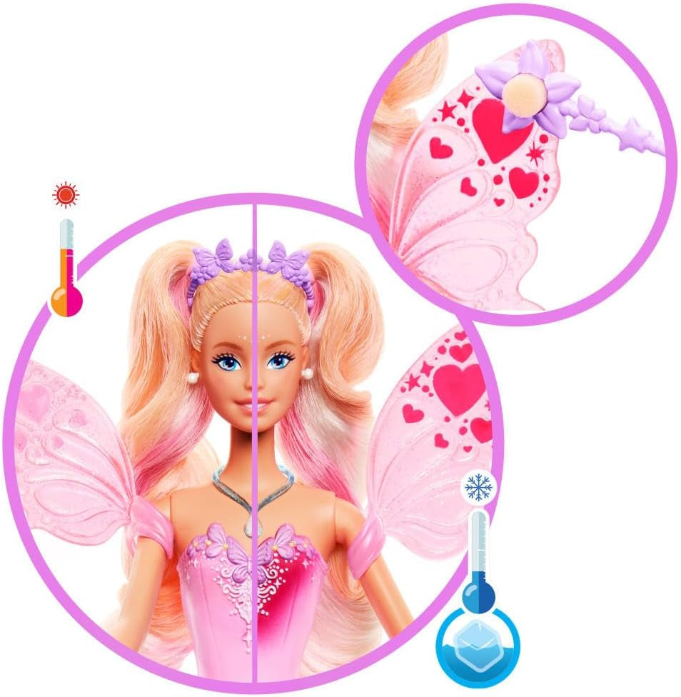 Mattel Barbie-pop met toverstaf en mode-accessoires, fantasiethema met vleugels en kleurwisselende outfit, JCP76, [Meerkleurig]