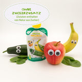 FRECHE FREUNDE Biologisch knijpbaar fruitzakje met appels, bananen, spinazie en komkommer, gepureerd fruit en groenten in een knijpzakje voor baby's vanaf 6 maanden, veganistisch, 6 stuks (6 x 100 g)