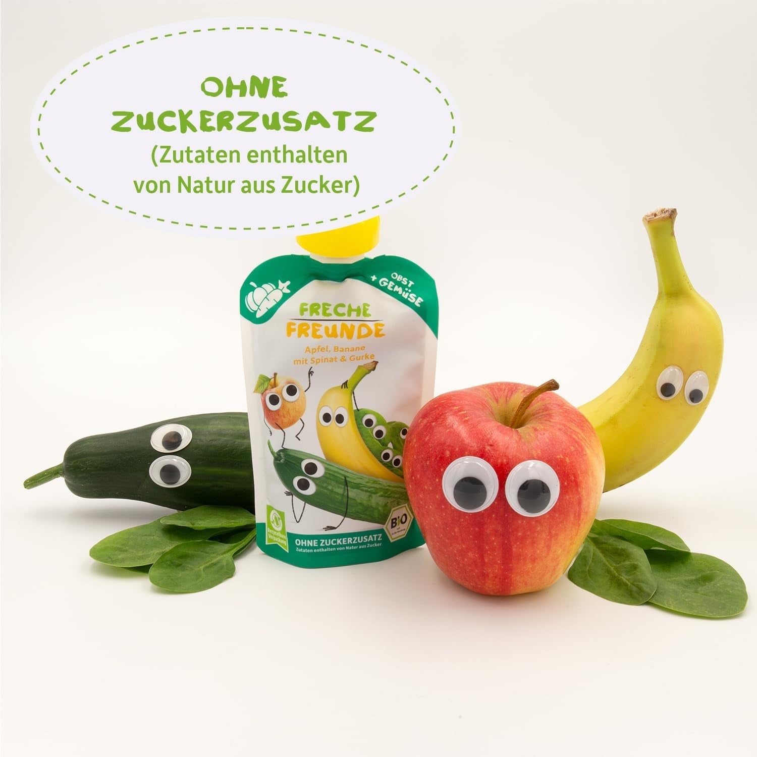 FRECHE FREUNDE Biologisch knijpbaar fruitzakje met appels, bananen, spinazie en komkommer, gepureerd fruit en groenten in een knijpzakje voor baby's vanaf 6 maanden, veganistisch, 6 stuks (6 x 100 g)