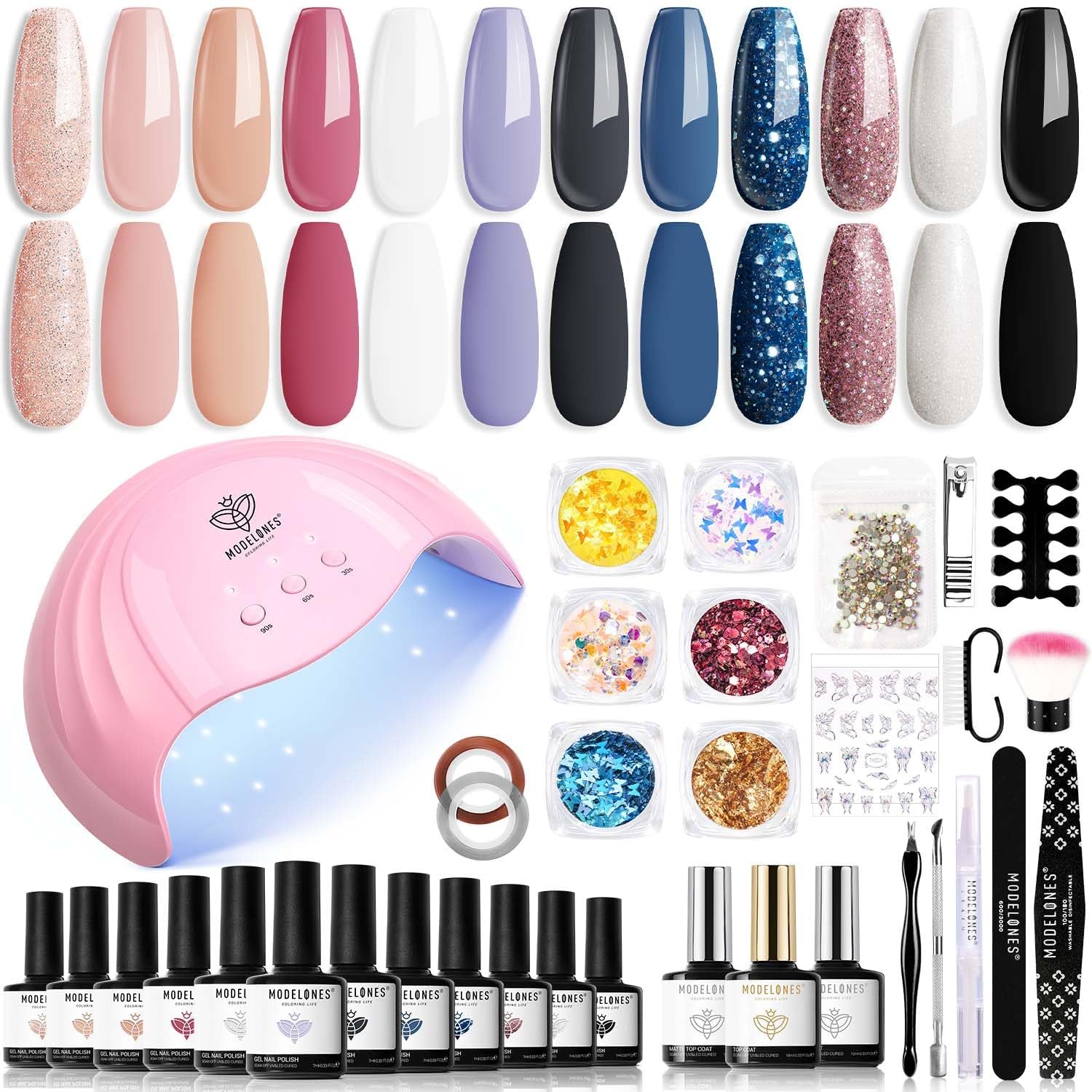 Modelones 35-delige gelnagellakset, UV-nagellakset met 48W-lamp, nude bruin wit roze gelnagellakset, UV-gelnagellakset met toplaag basis nagelstudioset