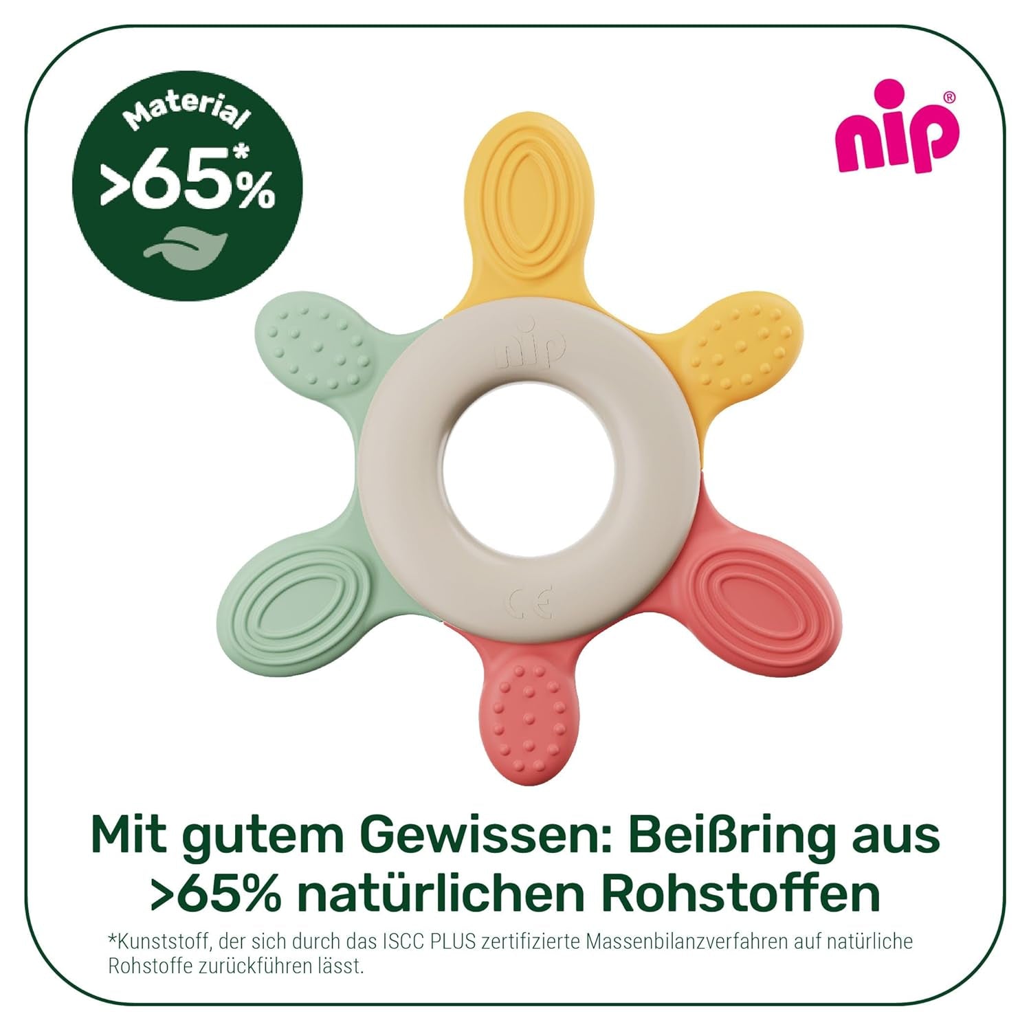 nip – Bijtring | Duurzame bijtring voor baby's vanaf 3 maanden, gemaakt van ruim 65% natuurlijke grondstoffen. Voor zachte massage van tandvlees, tong en tanden | Rood/Groen/Oranje