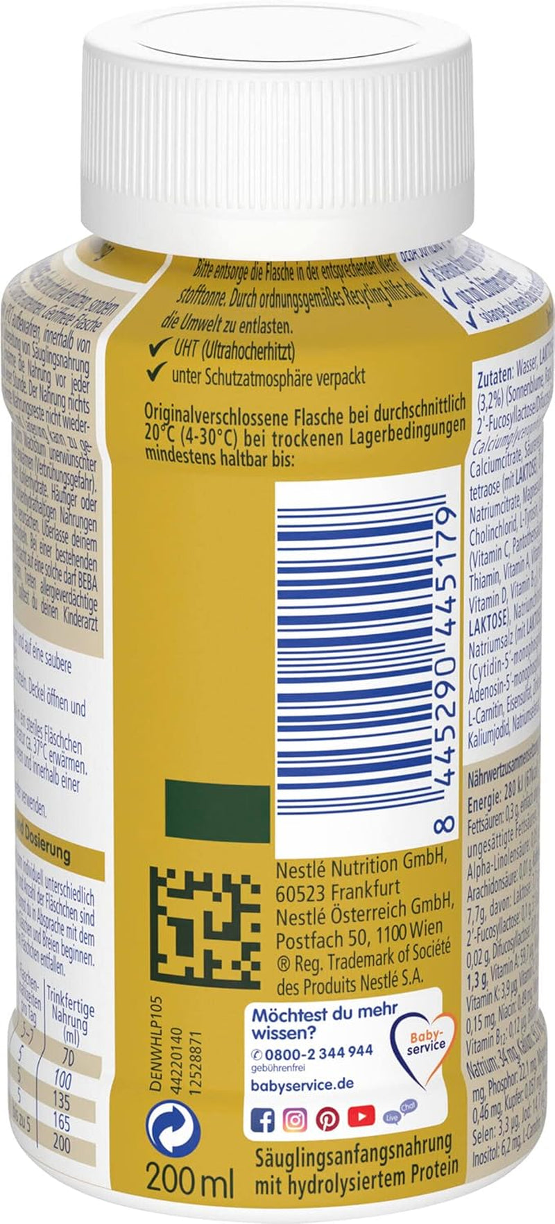 BEBA Nestlé BEBA SUPREME 1 Zuigelingenvoeding: Kant-en-klare flesjes met Omega 3, 1 pakje (1 x 200 ml)