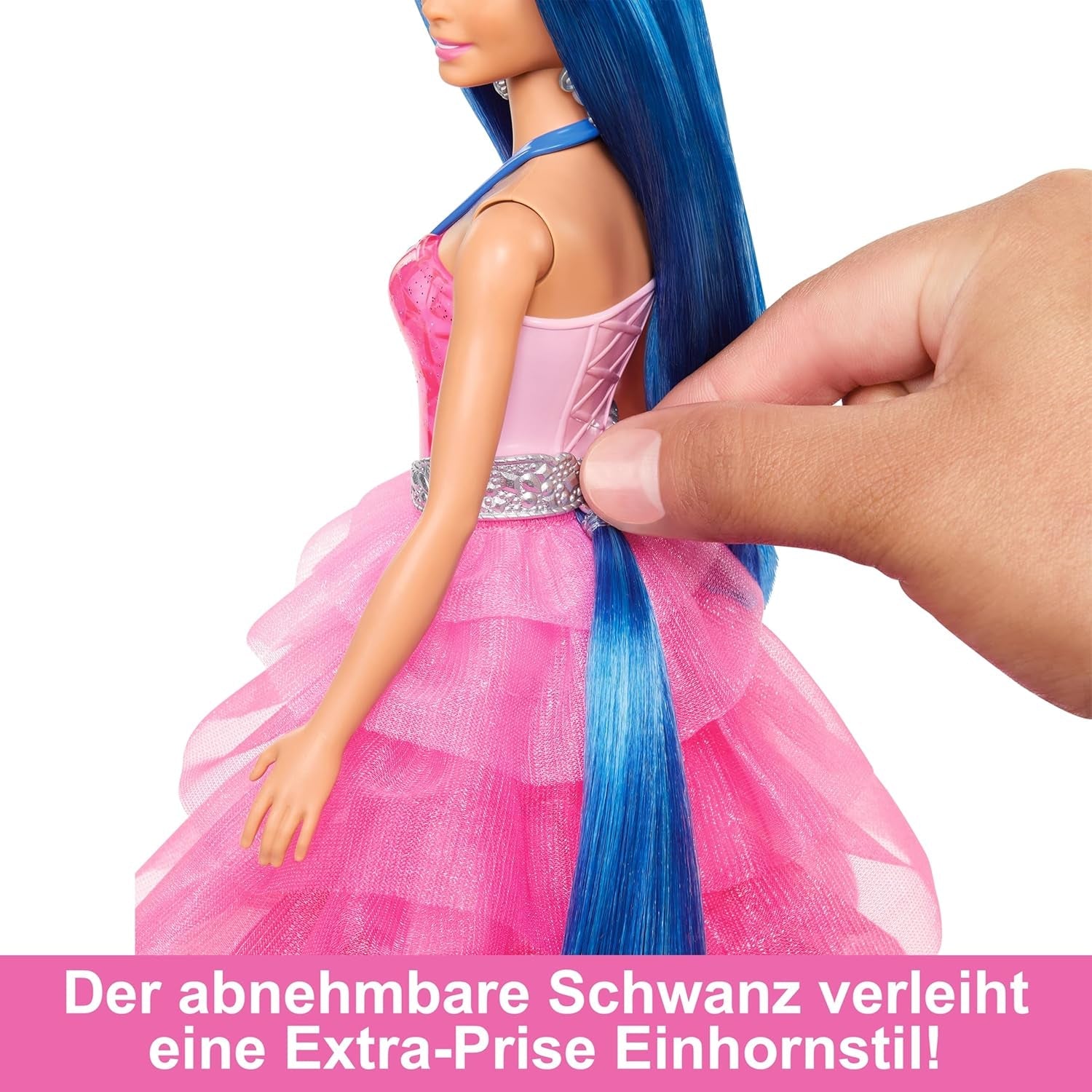 Barbie Hidden Magic - Eenhoornpop, roze jurk met saffierblauwe details, eenhoornhoofdband, afneembare saffiervleugels en staart, vanaf 3 jaar, HRR16