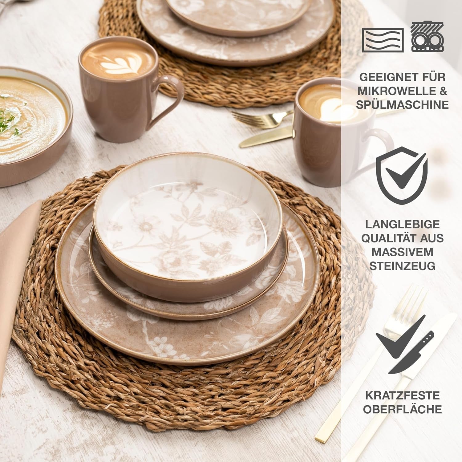 Moritz & Moritz MARIELLA 6-persoons 24-delige steengoed serviesset - Modern beige servies met speels design, onderhoudsvriendelijk koffieservies met borden, schalen en kopjes - Combinatieset