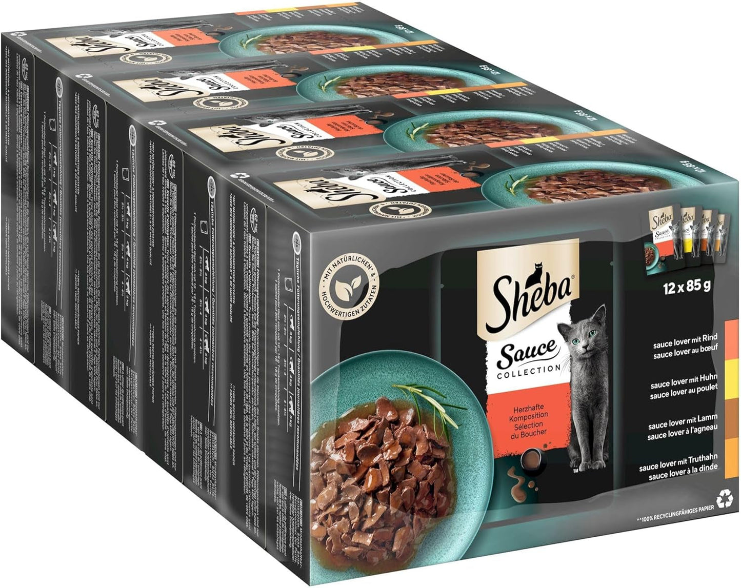 Sheba Sauce Collection Natvoer voor katten, geportioneerde zakjes, zout multipack, 4x12x85g