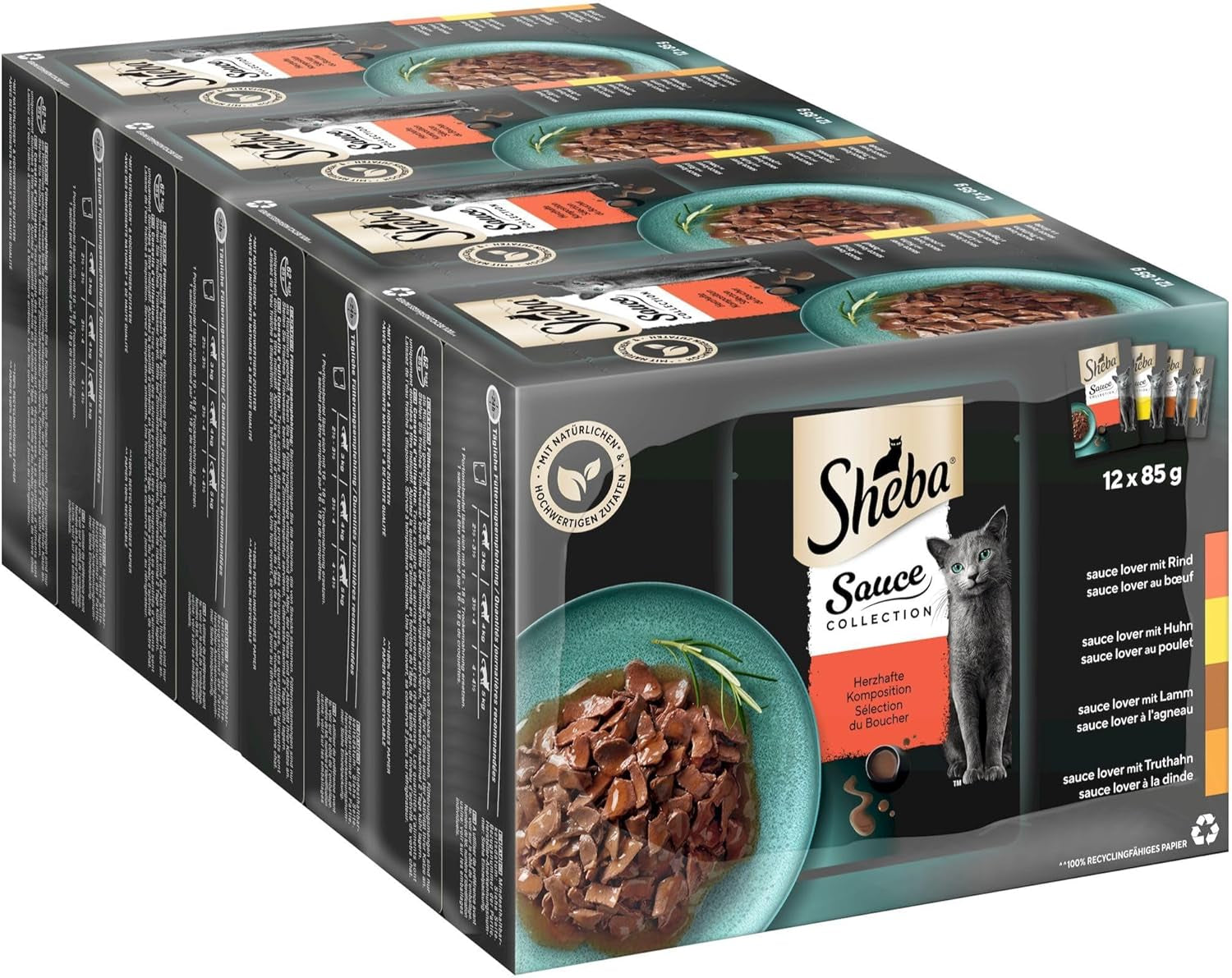 Sheba Sauce Collection Natvoer voor katten, geportioneerde zakjes, zout multipack, 4x12x85g