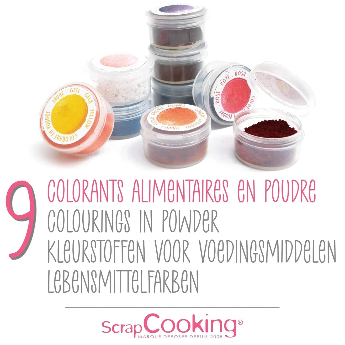 Scrapcooking - Set van 9 poedervormige kleurstoffen voor levensmiddelen - Blauw, Geel, Roze, Paars, Oranje, Limoengroen, Rood, Poederroze, Zwart - Eetbare kleurpoeder voor cakes, muffins, macarons - 4270
