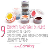 Scrapcooking - Set van 9 poedervormige kleurstoffen voor levensmiddelen - Blauw, Geel, Roze, Paars, Oranje, Limoengroen, Rood, Poederroze, Zwart - Eetbare kleurpoeder voor cakes, muffins, macarons - 4270