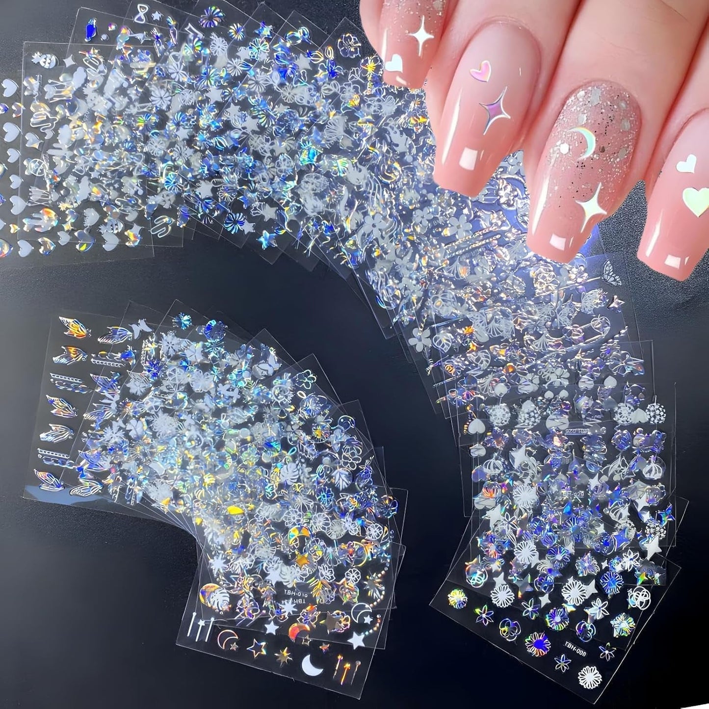 30 Blatt Aurora-Nagelkunst-Aufkleber, Selbstklebende 3D-Blumen-Nagelaufkleber, Aurora-Mond-Stern-Nagelaufkleber voor Nagelkunst, Blatt-Herz-Nageldesign voor doe-het-zelf-acrylnägel-decoratie