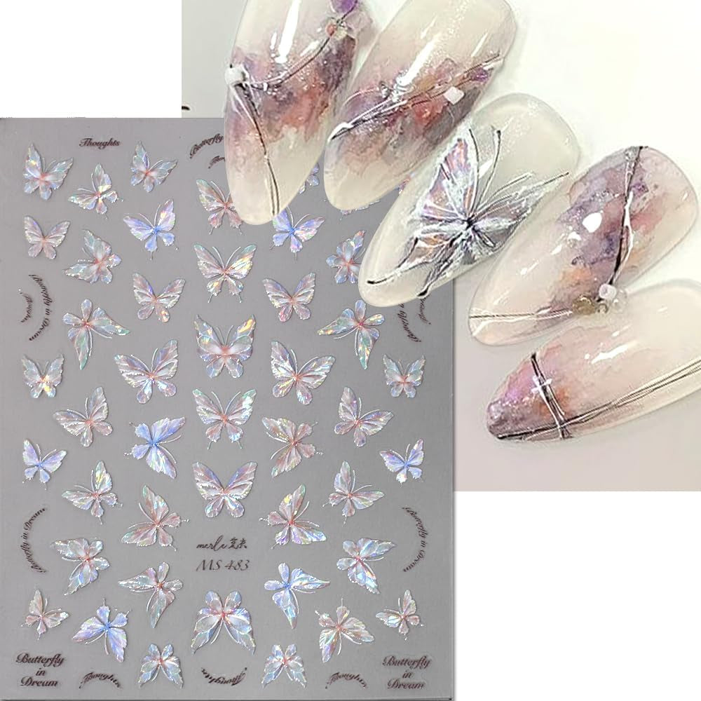 Glanzende Aurora Shell Schmetterling Nagelsticker Selbstklebend,Erleichterung Schmetterlinge Nail Sticker Rosa Laser Schmetterling Nagelaufkleber Für Frauen Nageldesign Zubehör Nagel Zubehör Nail Art