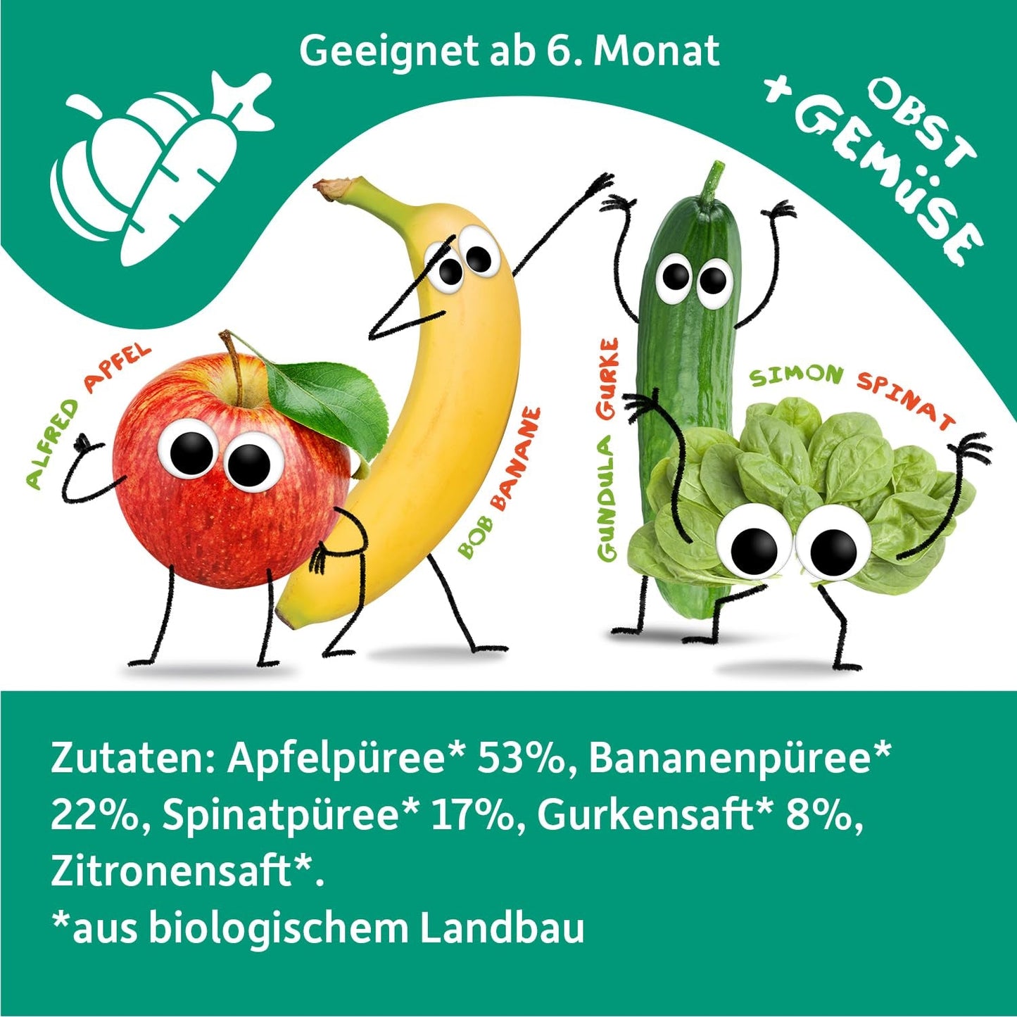 FRECHE FREUNDE Biologisch knijpbaar fruitzakje met appels, bananen, spinazie en komkommer, gepureerd fruit en groenten in een knijpzakje voor baby's vanaf 6 maanden, veganistisch, 6 stuks (6 x 100 g)