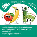 FRECHE FREUNDE Biologisch knijpbaar fruitzakje met appels, bananen, spinazie en komkommer, gepureerd fruit en groenten in een knijpzakje voor baby's vanaf 6 maanden, veganistisch, 6 stuks (6 x 100 g)