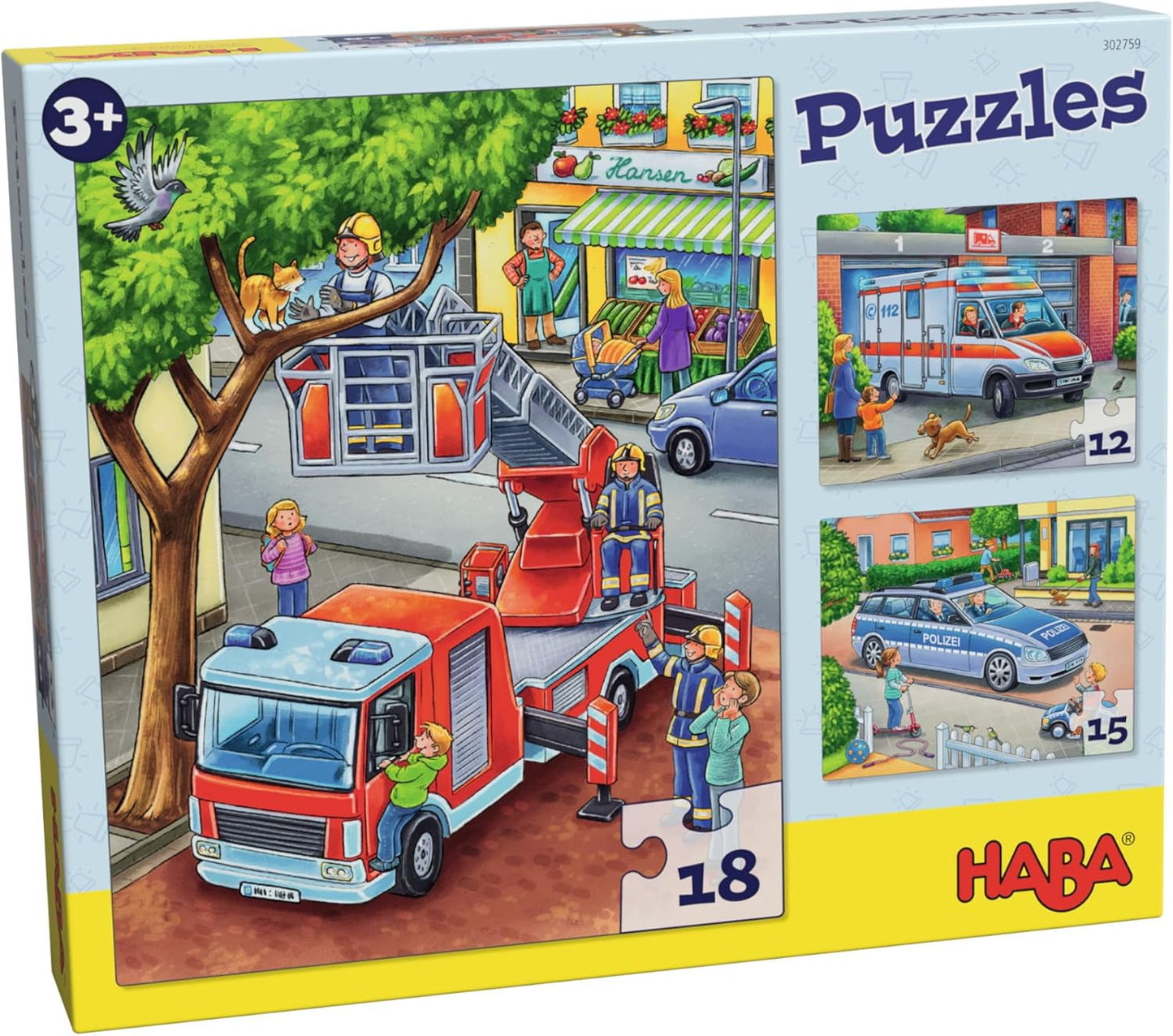 HABA Brandweerpuzzel - 3-delige set voor kinderen vanaf 3 jaar Kartonnen puzzel politie en ambulance - Bevordert de fijne motoriek en concentratie - 1302759001 Puzzel Naty Shop Standaardtitel