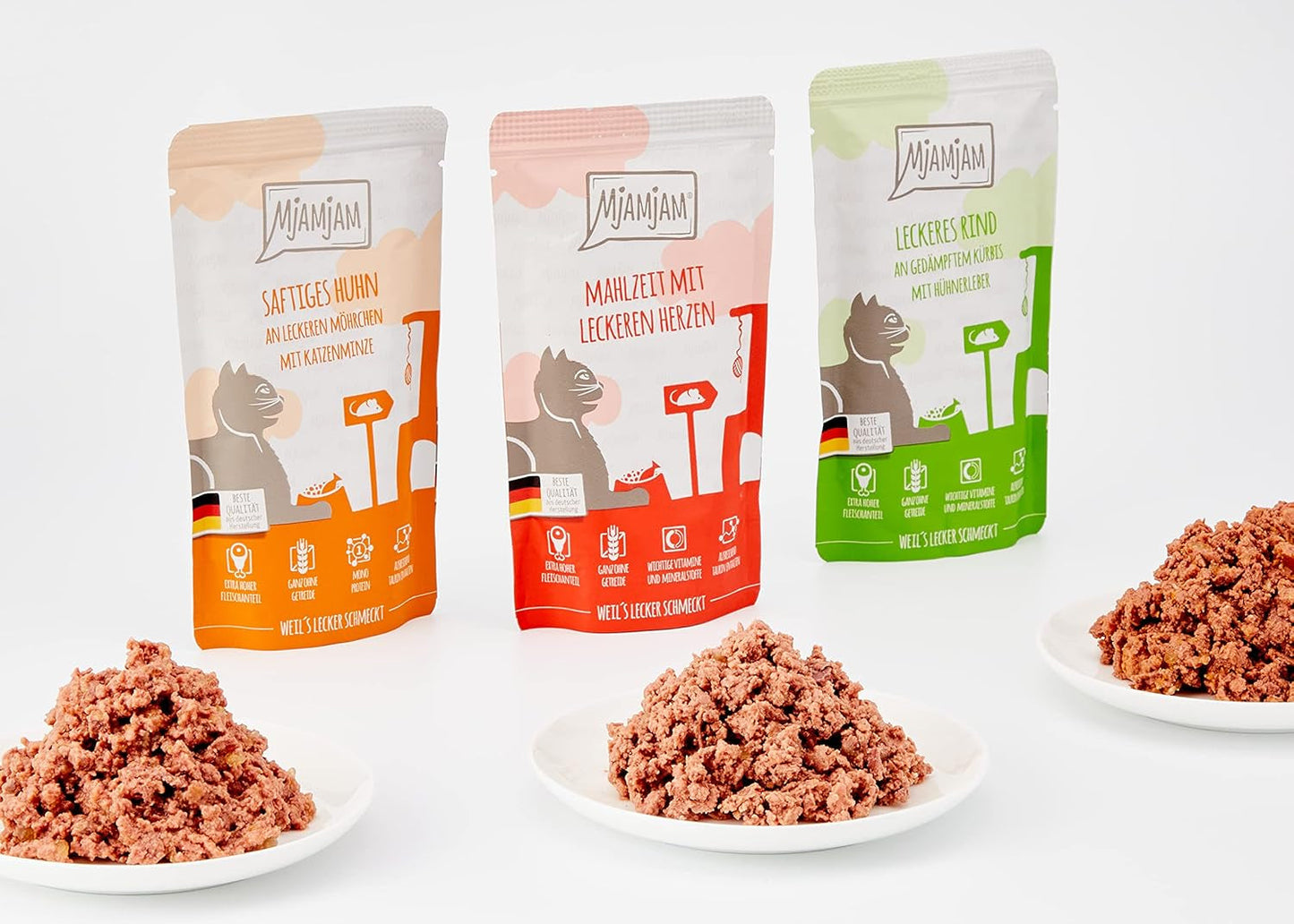 MjAMjAM - Premium natvoer voor katten - Gemengd pakket I - Kip, Rundvlees, Harten, 12 stuks (12 x 125 g), graanvrij met extra vlees