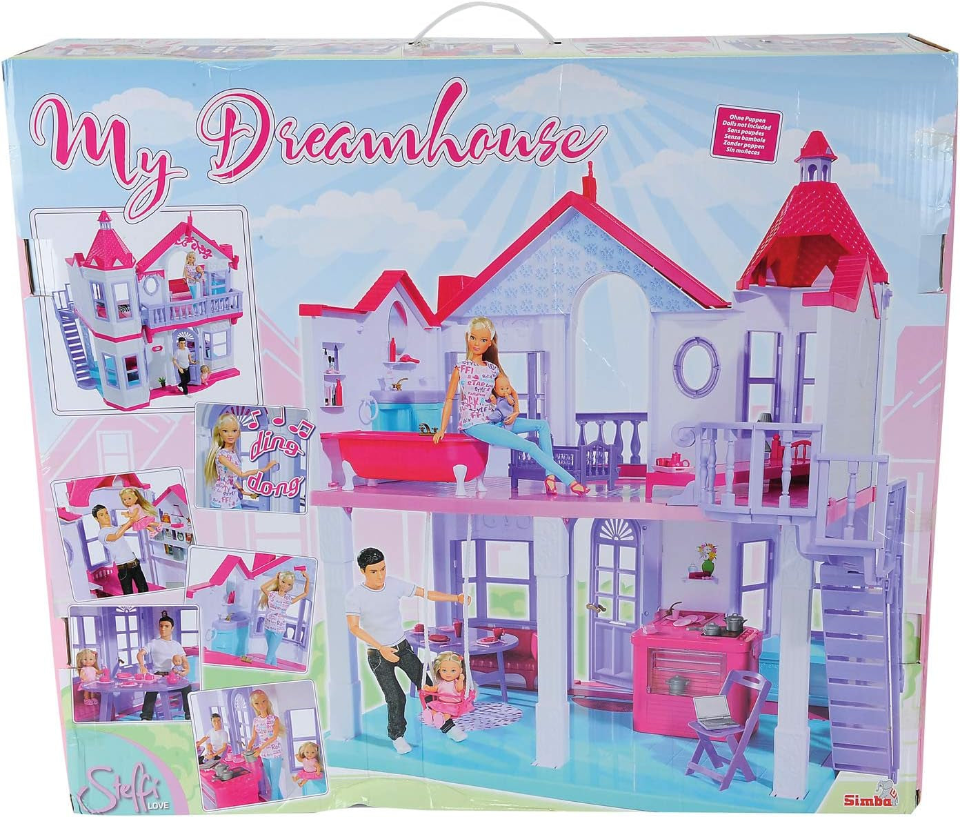 Simba 104661996 - Steffi Love Dreamhouse, groot speelhuis, 4 kamers, GEEN POPPEN, 84 cm hoog, twee niveaus, functionele bel, inklapbare Naty Shop poppenhuizen