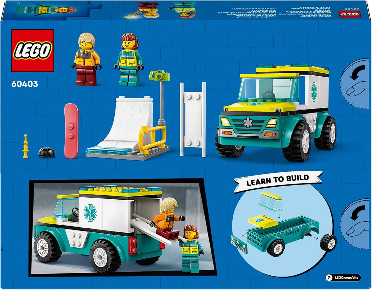 LEGO City Ambulance en Snowboarder, Ambulance Speelset met speelgoedauto en 2 minifiguren, Snowboarder en Paramedicus figuur, fantasierijk cadeau voor jongens en meisjes vanaf 4 jaar 60403 Bouwsets Besuche den LEGO-Store
