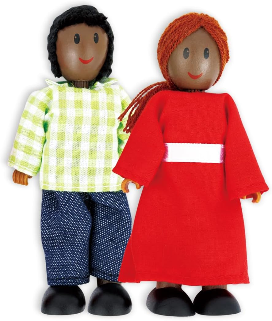 Hape Doll Family - 6-delige donkerleren poppenhuisaccessoireset met houten en stoffen figuren, fantasiespel, educatief speelgoed, interactief leerspeelgoed voor kinderen vanaf 3 jaar