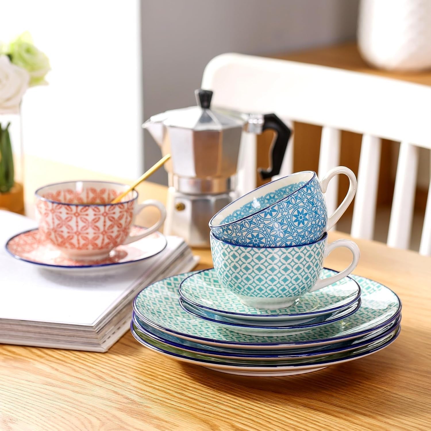 Vancasso Macaron porseleinen koffieset, 12-delig kleurrijk koffieservies voor 4-12 personen, kopjesset, inclusief koffiekopjes, schotels en dessertborden