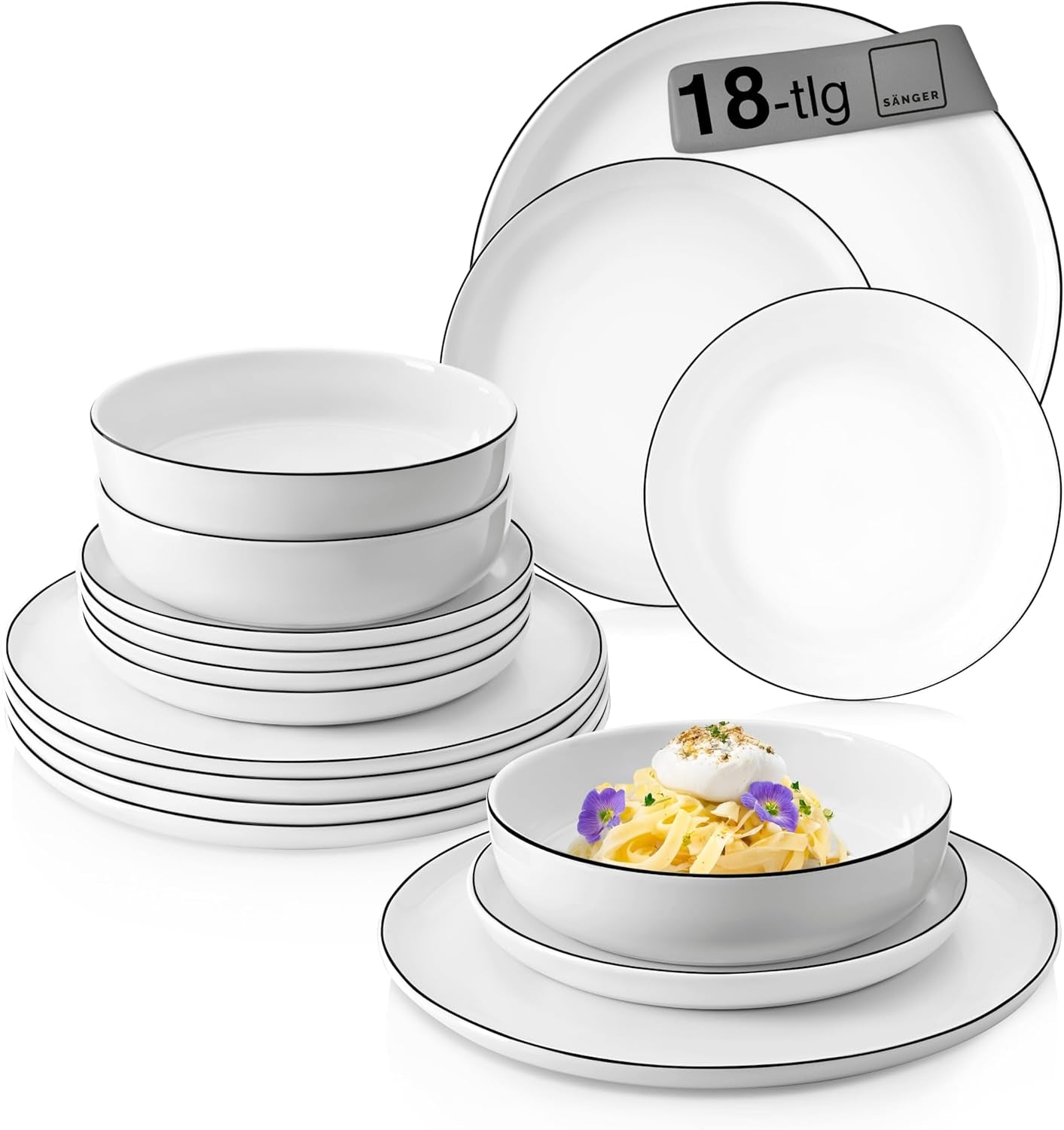 ZANGER | Marlo serviesset met zwarte en witte rand, 18-delige porseleinen serviesset voor 6 personen, wit met zwarte accenten, dinerborden, dessertborden en schalen, modern design | DE PREMIUM COLLECTIE