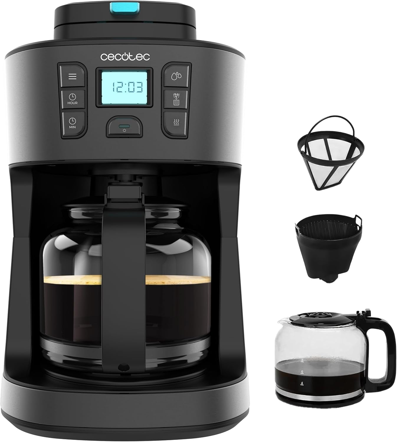 Cecotec Coffee 66 Grind & Drop Essentieel druppelkoffiezetapparaat. 1086 W, messenslijper, maximaal 12 kopjes, Extreme Aroma-technologie, digitaal, roestvrij staal, automatische uitschakeling.