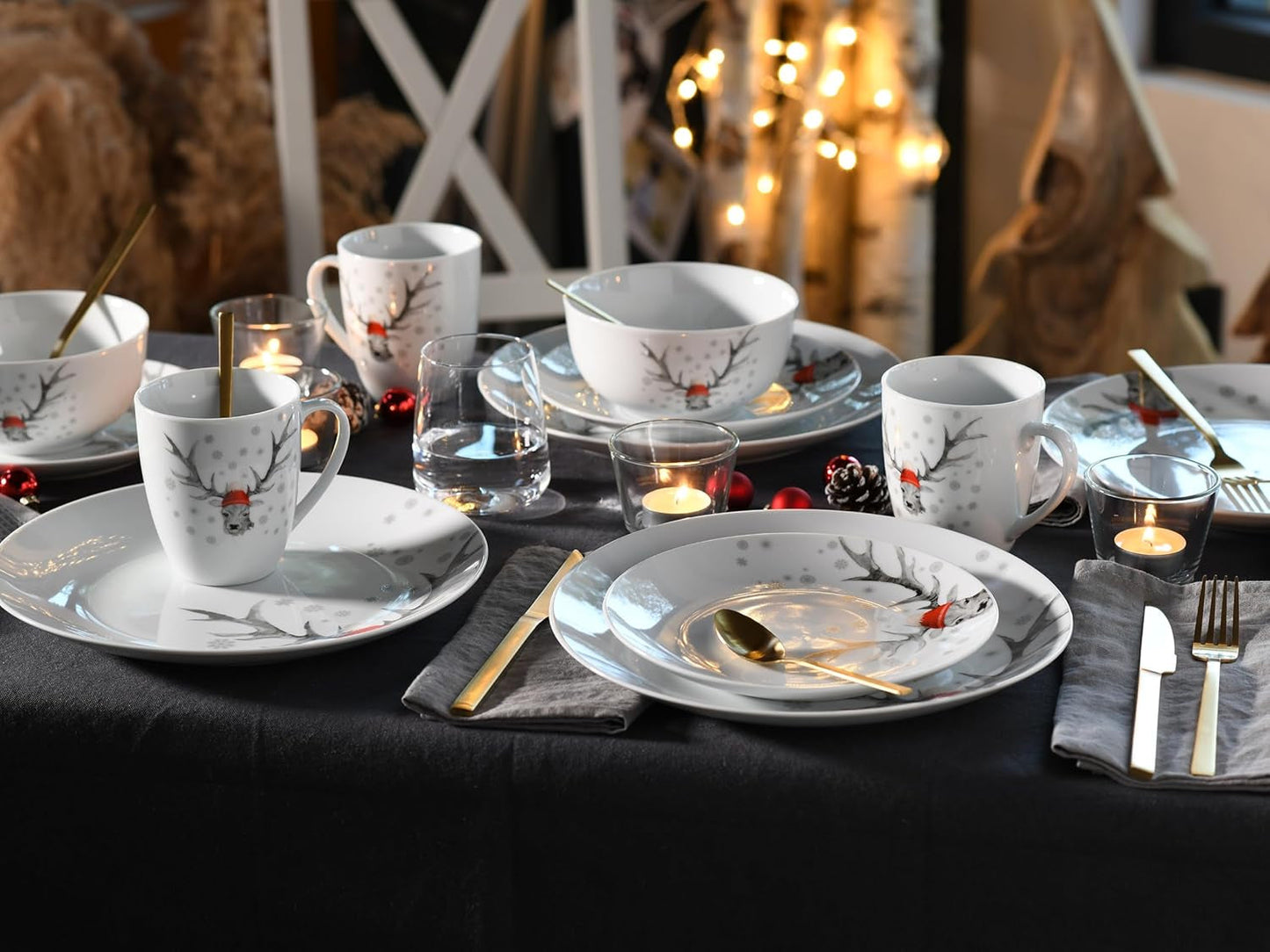 CreaTable, 21498, Luna Hirsch-serie, 18-delige serviesset voor 6 personen, porseleinen ontbijtset, vaatwasmachine- en magnetronbestendig, hoogwaardige productie