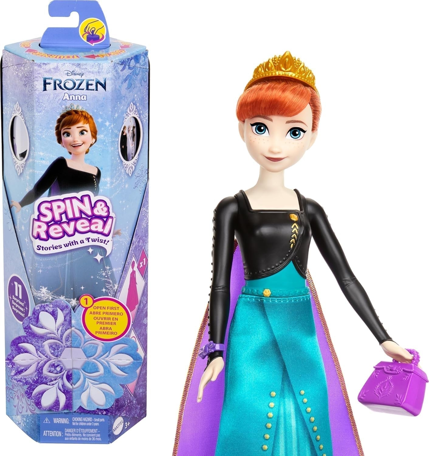 Mattel Disney The Ice Queen Anna Fashion Doll Set, Spin & Reveal met 11 verrassingen, waaronder 5 accessoires, 5 stickers en een speelscène, geïnspireerd op de Disney-film, HXD27 Naty Shop Dolls Standaardtitel
