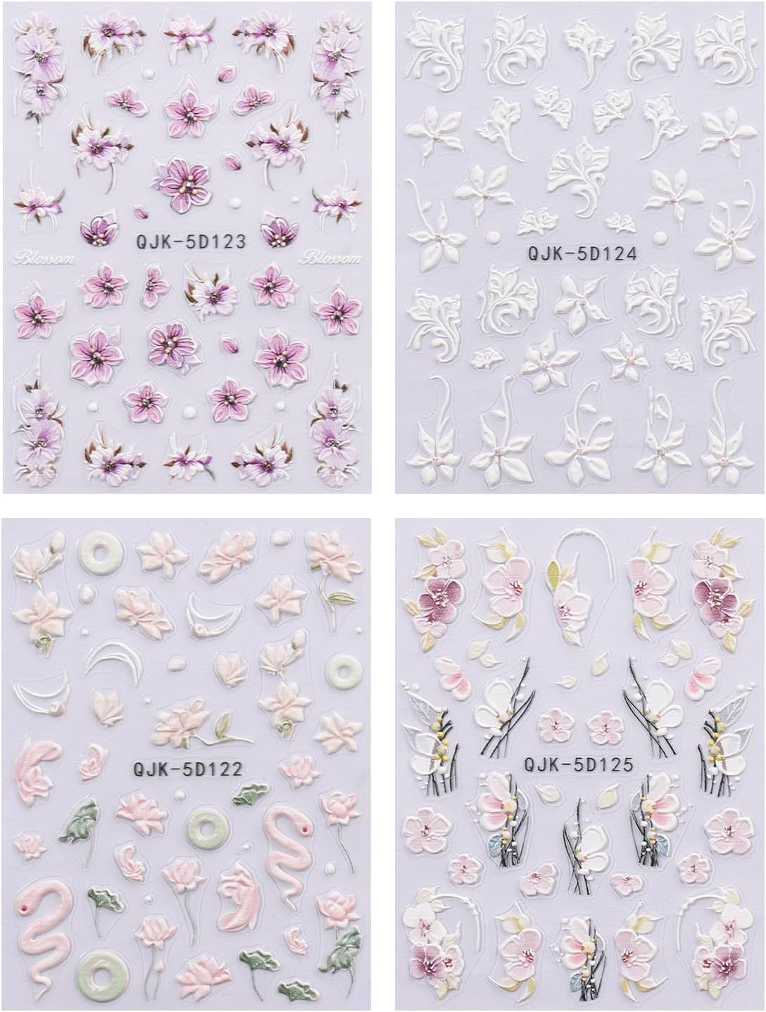 JMEOWIO 3D Nagelsticker Blumen Nail Art Sticker Selbstklebend Nagelaufkleber 5D Stereoskopisch Frühling Zomer Decoratie Nageldesign Zubehör 4 Blatt