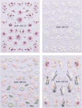 JMEOWIO 3D Nagelsticker Blumen Nail Art Sticker Selbstklebend Nagelaufkleber 5D Stereoskopisch Frühling Zomer Decoratie Nageldesign Zubehör 4 Blatt