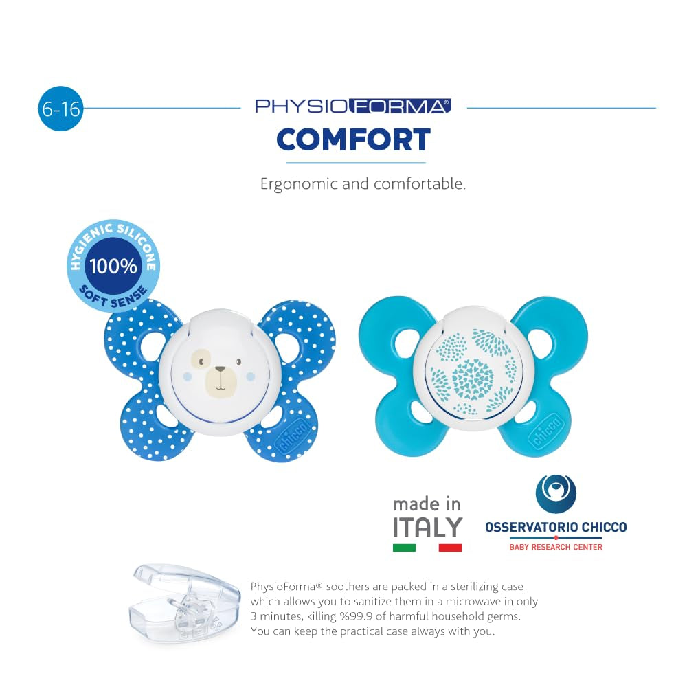 Chicco PhysioForma Comfort-fopspeen 6-16 maanden, 1 stuk, fopspeen met siliconen speen, ondersteunt de fysiologische ademhaling en bevordert een correcte orale ontwikkeling, blauw