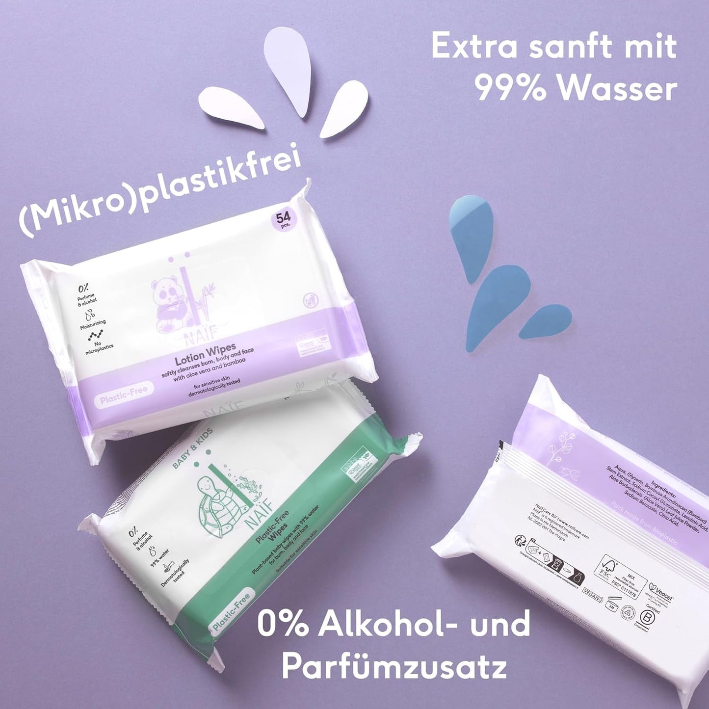 Naïf Plasticvrije Babydoekjes 432 Stuks (8 Pak x 54 Doekjes) - Verzorging voor Babybilletjes, Lichaam en Gezicht - 99% Water - 0% Geur & Alcohol - Doos met Duurzame Vochtige Doekjes, Gevoelige Eucalyptus