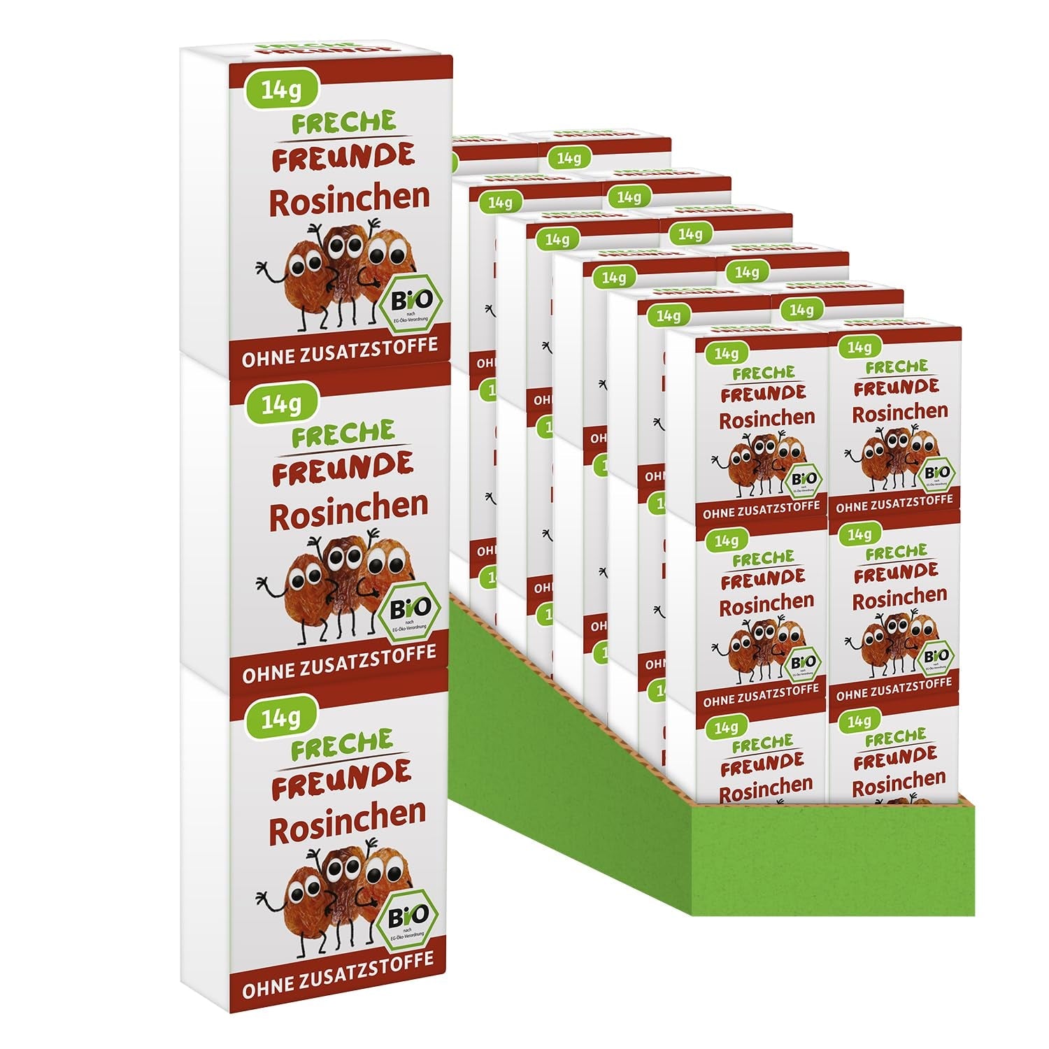 FRECHE FREUNDE Biologische rozijnen, Trockenfrüchte ohne Zucker, ohne Zusatzstoffe, ungeschwefelt, in kleinen Snackboxen, Sultaninen für Kinder, 20er Pack, 20 x (3x14g)