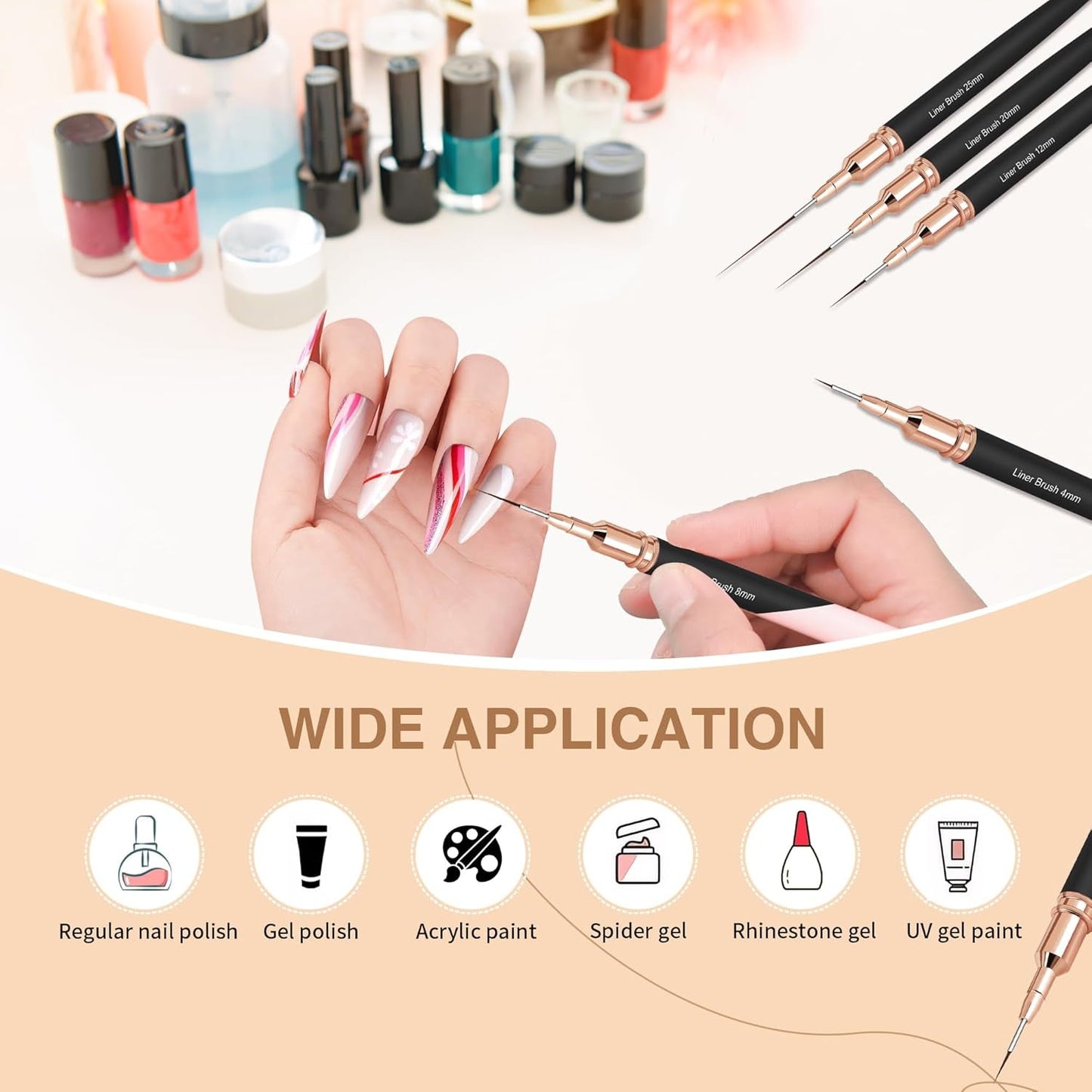 Nagelborstels, 5-delige nagelcontourborstels, schilderontwerpborstelset, nagelpunt tekengereedschap voor lange lijnen, dunne details, fijne tekening in maat 6/9/12/15/18 mm, zwart