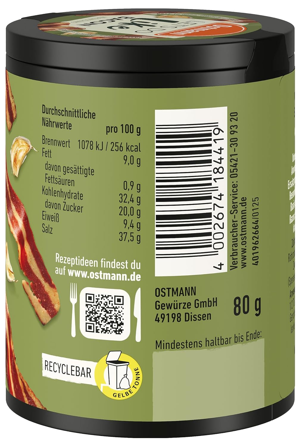 Ostmann Gewürze - Laten we doen zoals spek | Bacon-Geschmack voor ongewürzte Fleischersatzprodukte | Gewürzsalz für Tofu en vegetarisch/veganistisch Eintöpfe | 80 g in Metalldose-recyclereep