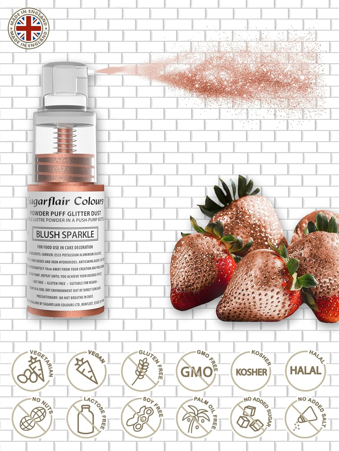Sugarflair Pump Powder Spray, Glitter, Blush, Glitter - kleurstof voor cake, spray zonder spuitbus voor cakes, muffins en meer - 10 g