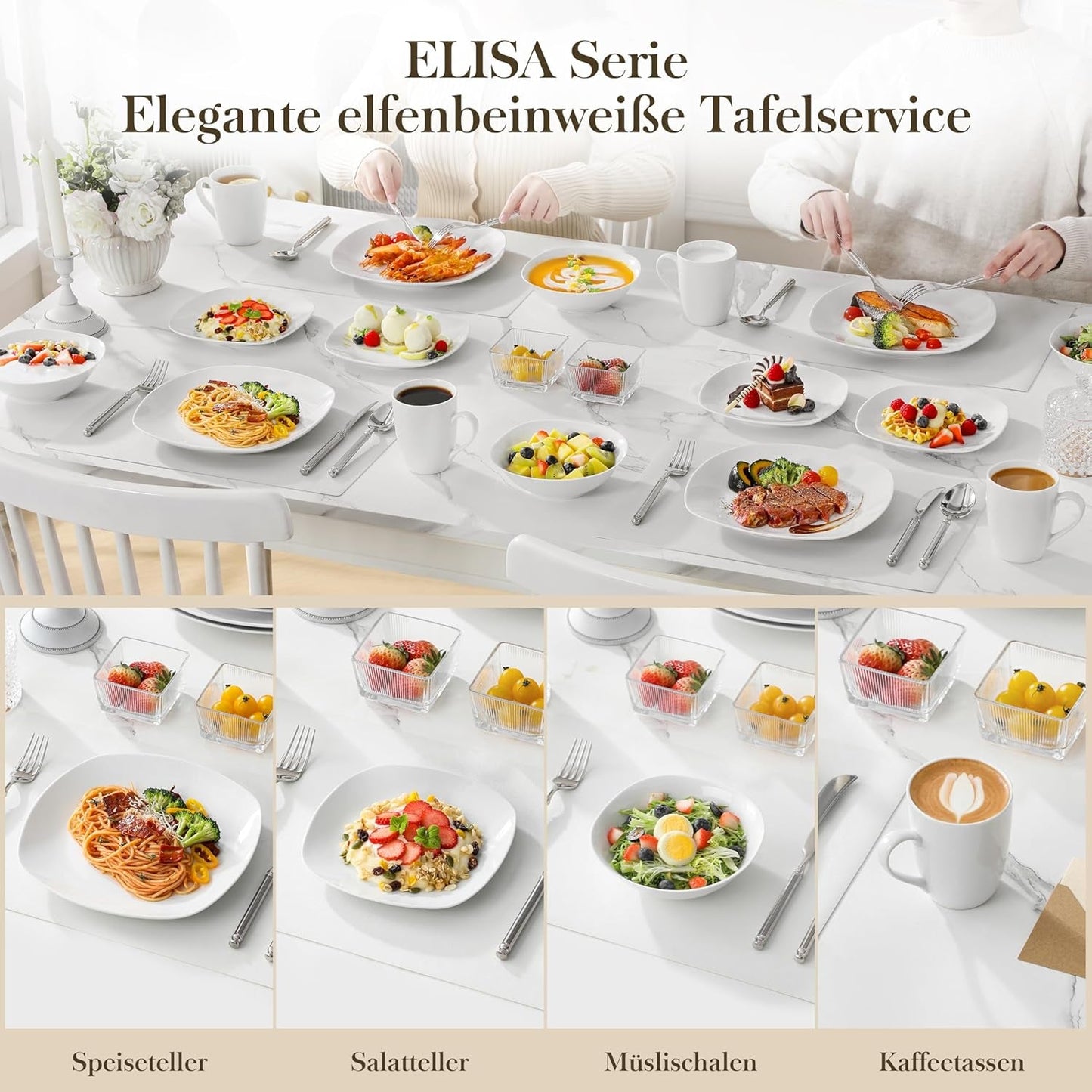 MALACASA Serviesset voor 4 personen, 16-delig wit porseleinen servies, moderne serviesset met 4 dinerborden, dessertborden, Suma-borden en kopjes, ELISA-serie