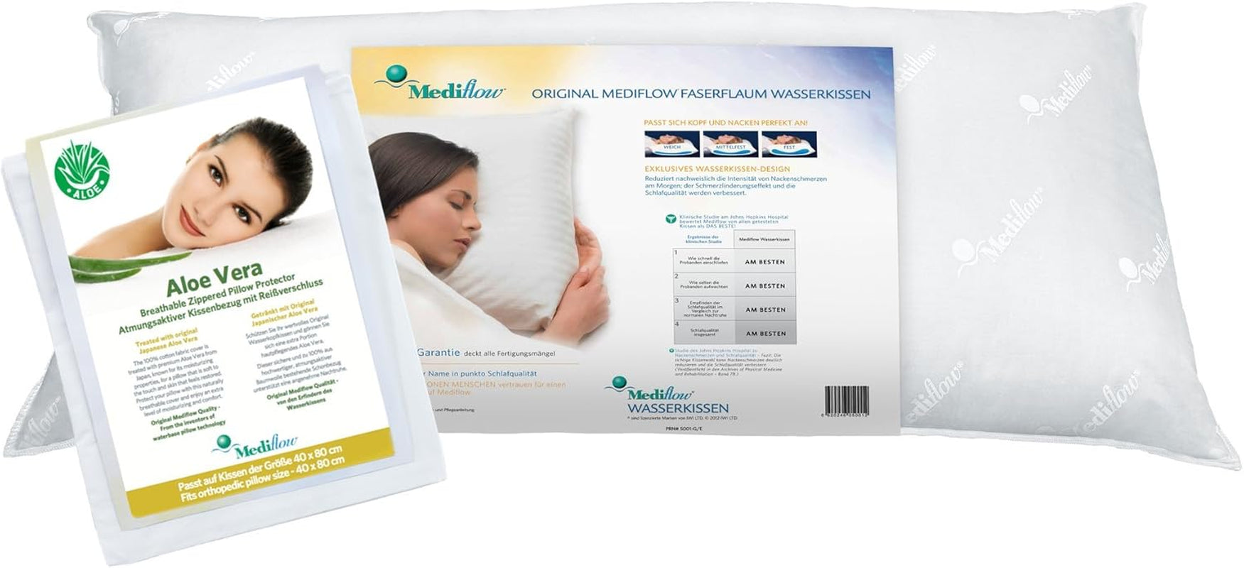 Mediflow 5223 Aloë Vera Action Waterkussen Orthopedisch ondersteuningskussen voor de cervicale wervelkolom 40X80cm Wit 1 stuk (1 pak) Naty Shop Standaardkussens Standaardtitel