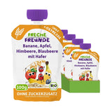 FRECHE FREUNDE Biologisch fruitzakje banaan, appel, framboos, bosbes met haver, fruitpuree met granen in een knijpbaar zakje voor baby's vanaf 6 maanden, veganistisch, 6 stuks (6 x 100 g)