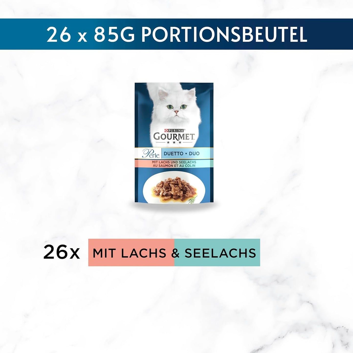 Gourmet Perle Duetto Nat kattenvoer met zalm en gele kabeljauw, 26 stuks (26 x 85 g)