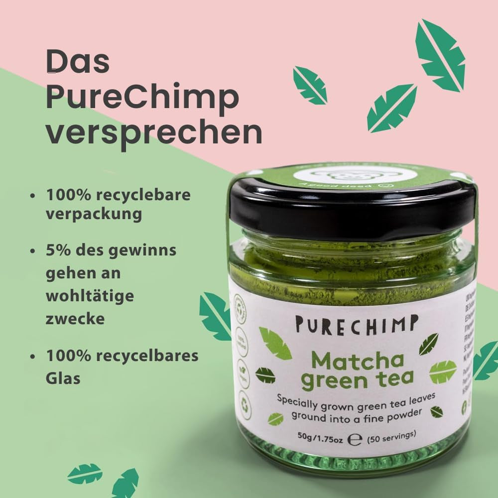 Purechimp Ceremoniële Matcha Poeder 50g. 100% puur schaduwtheepoeder voor lattes, infusies en recepten. Recyclebare pot. Rijk aan antioxidanten.
