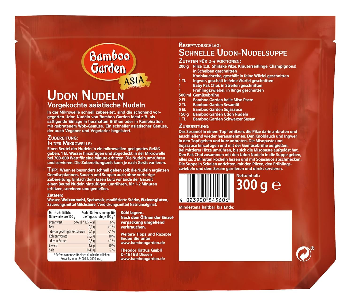 Udon-noedels van Bamboo Garden, voorgekookt, 300g
