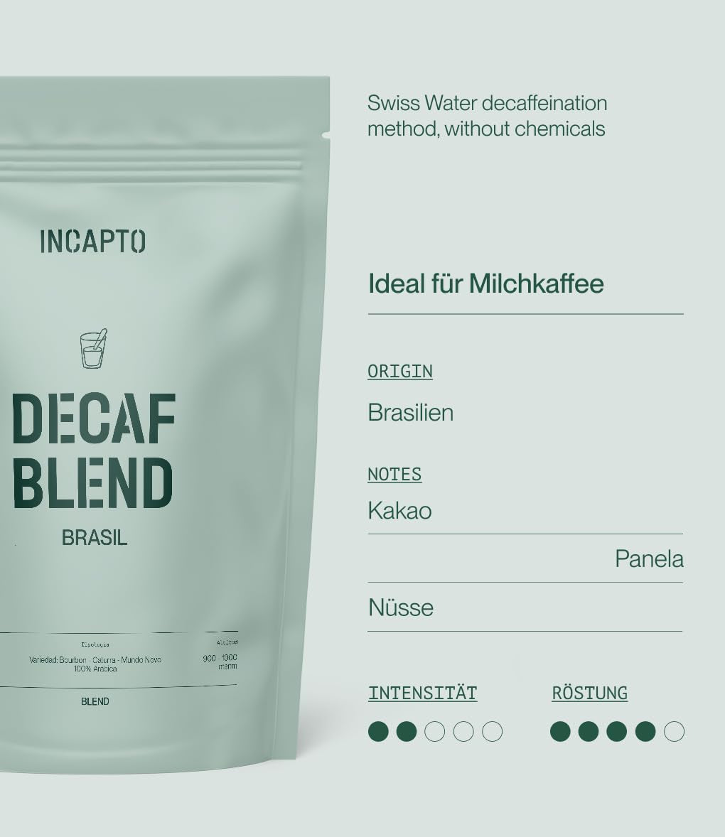 Incapto Ganze Entkofeinierte Kaffeebohnen | Ohne Chemikalen | Mischung aus 100% Arabica-Kaffee aus Brasilien | Ungemahlen Espresso Bohnen | Zwitserse waterdecafékoffie, pak 500 g