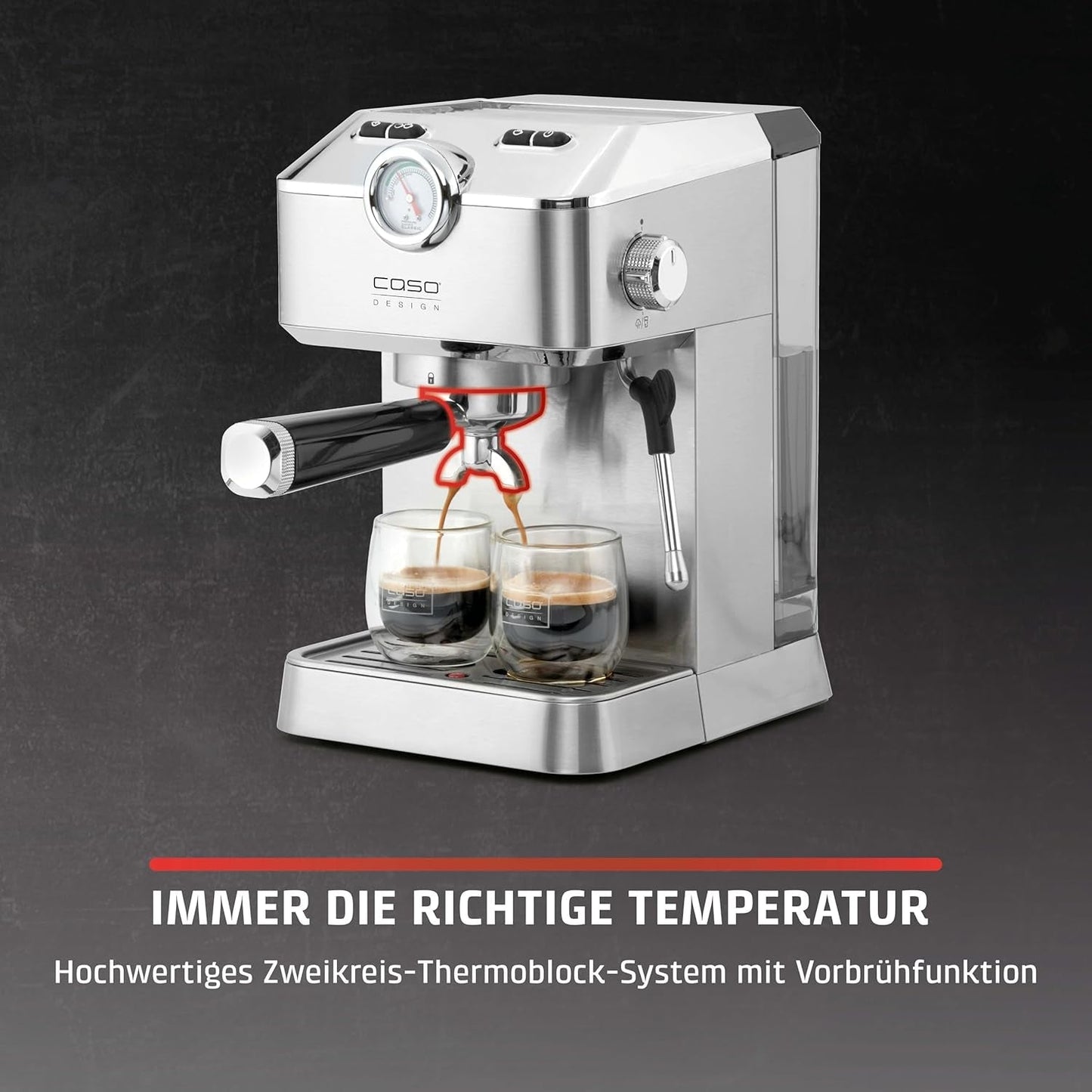 Caso Espresso Gourmet - Espressomachine met portafilter van roestvrij staal, krachtige Ulka-pomp van 19 bar, met melkopschuimer, voor gemalen koffie of ESE-koffiecapsules, voor 2 kopjes, met kopjeswarmer
