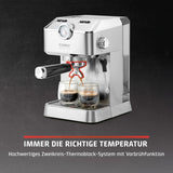 Caso Espresso Gourmet - Espressomachine met portafilter van roestvrij staal, krachtige Ulka-pomp van 19 bar, met melkopschuimer, voor gemalen koffie of ESE-koffiecapsules, voor 2 kopjes, met kopjeswarmer