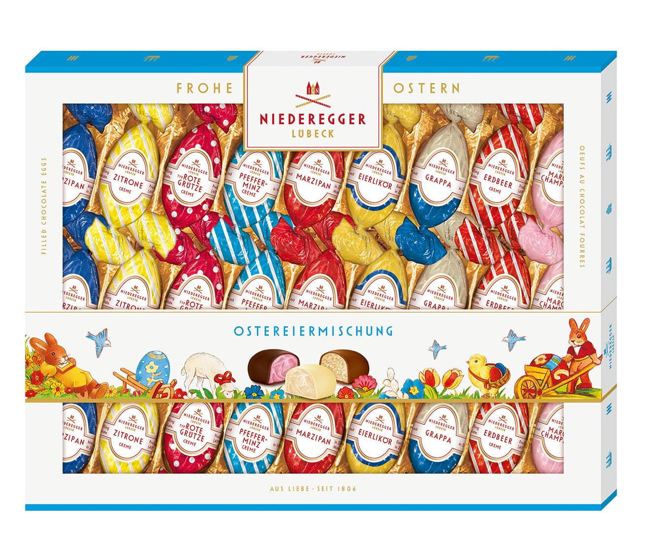Niederegger | Paaseimix | 1 x 337 g | Paaseitjes met diverse marsepein- en pralinévullingen | Omhuld met pure, melk- en witte chocolade | Paascadeau