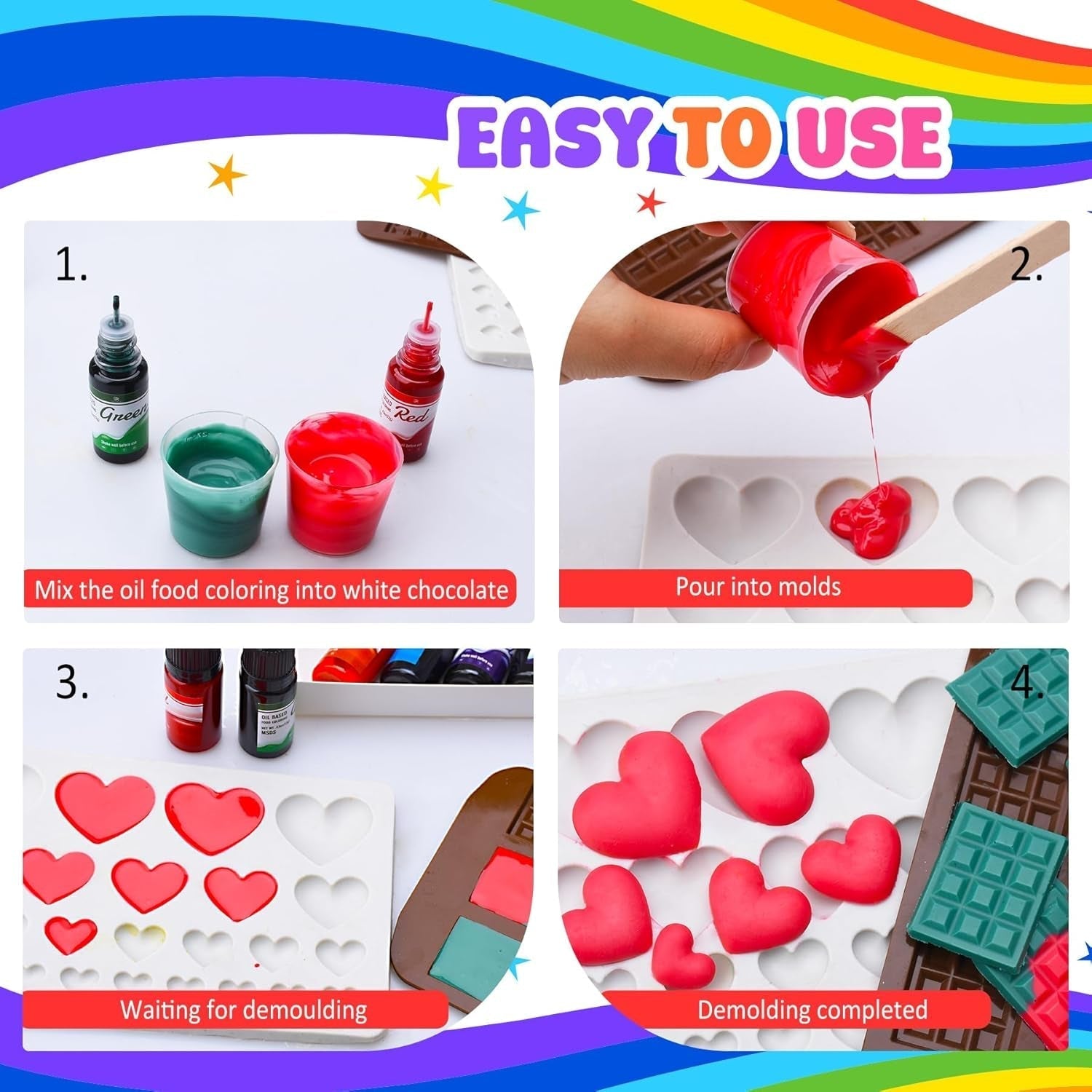 Vetoplosbare chocoladekleurstof - regenboogkleuren, op olie gebaseerde kleurstof voor fondant, taartdecoratie, bakken - vloeibare kleurstof voor cacaoboter, botercrème - elk 12 g