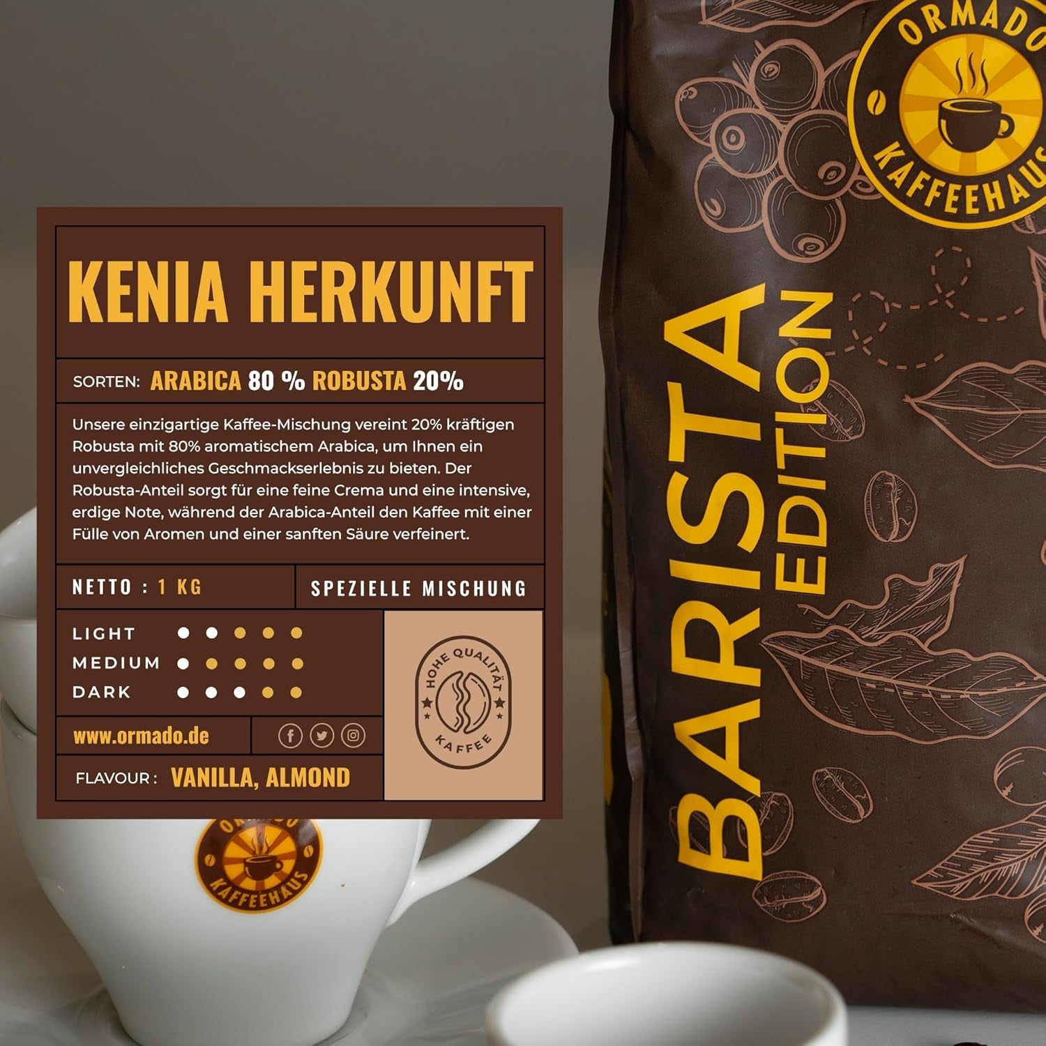 Ormado Coffee House, koffiecapsules, gepatenteerde Keniaanse koffiebonen - Arabica en Robusta Blend, hele koffiebonen voor volautomatische koffiemachines, gebrande bonen, full body koffie 1 kg, volautomatisch