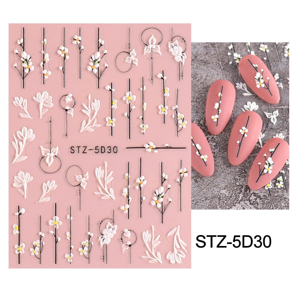 4 Blatt 3D Nagelsticker Frühling Blume Nagelaufkleber 5D Stereoskopisch Selbstklebend Nail Art Sticker Decoratie Nageldesign Zubehör