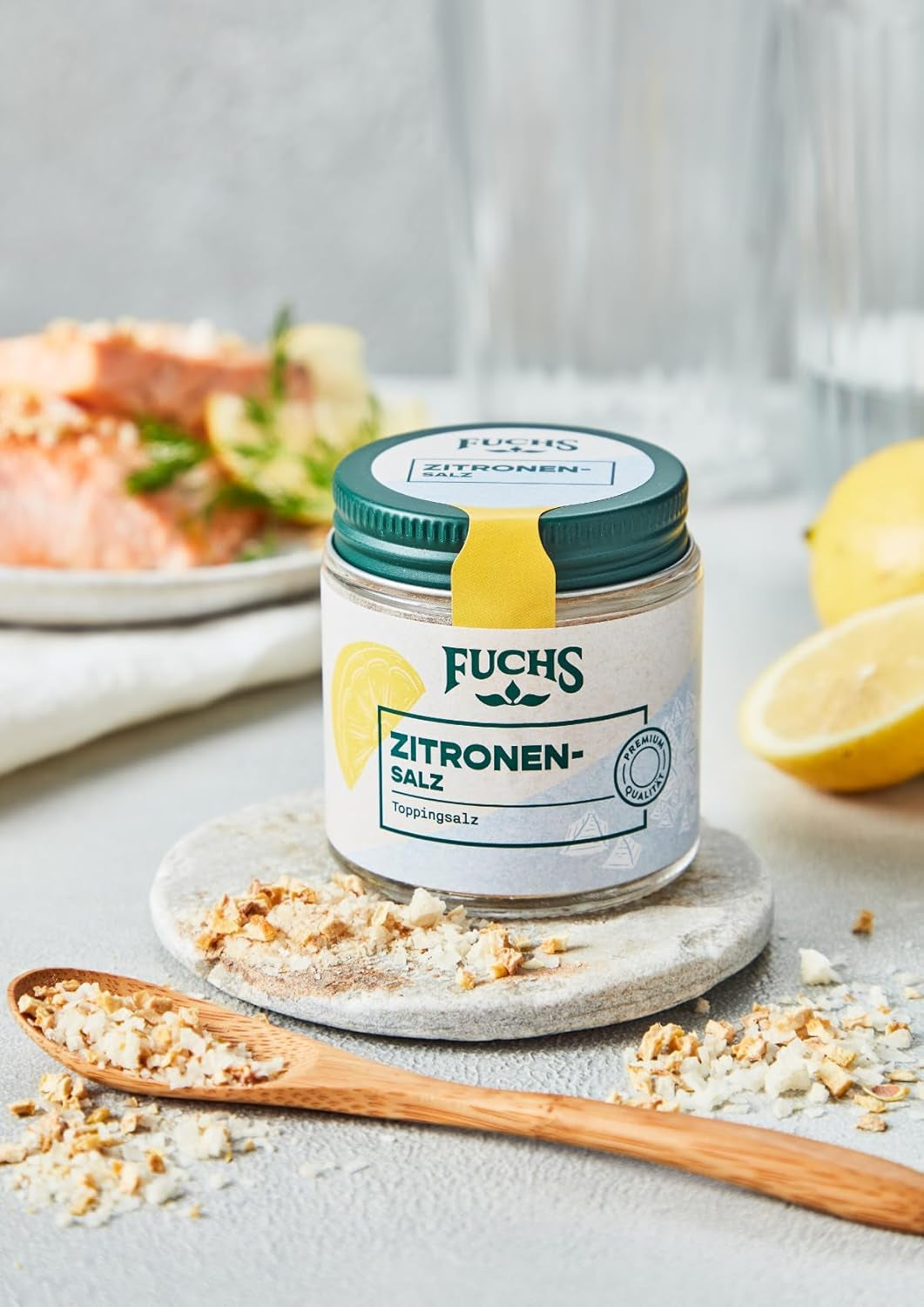 Fuchs Gewürze - Citronensalz | Toppingsalz met Pyramidenflocken & Zitrone | Knapperige Verfeinerung voor Vis en Gemüse | Citroenzout in Premium-Qualität | 60 g in wiederverschließbaren gemberglas